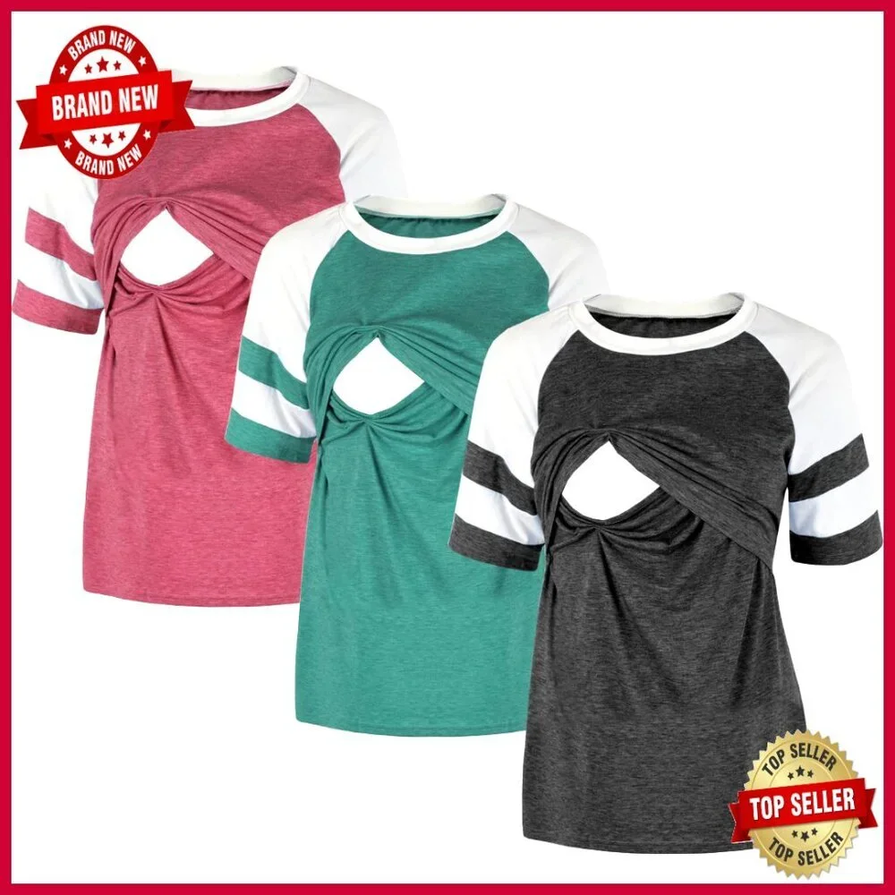 Maternity Nursing Tank Top, Short Sleeve, Polyester Spandex, Breastfeeding Tee - Picture 1 of 6